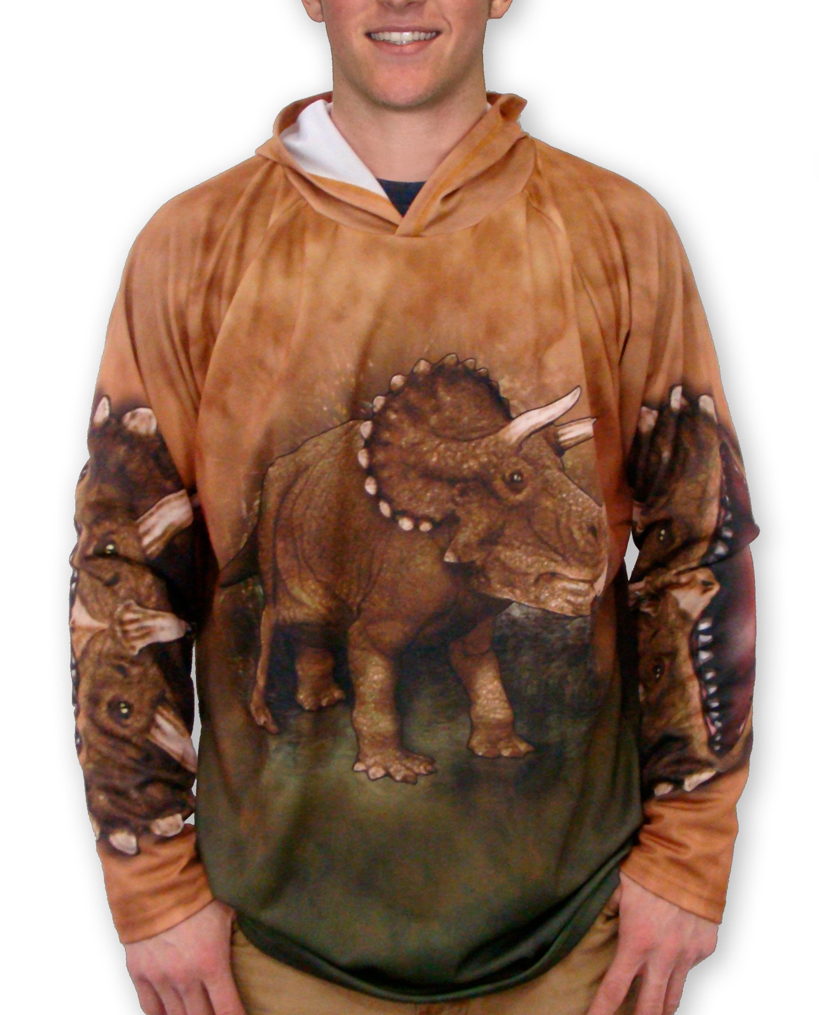 A vibrant TRICERATOPS Hoodie Sport Shirt featuring a playful dinosaur graphic, made from recycled materials, perfect for outdoor activities.