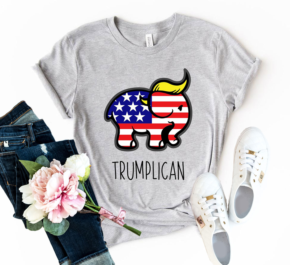 A comfortable unisex Trumplican Shirt made from ring spun cotton, featuring a crew neck and available in multiple colors and sizes.