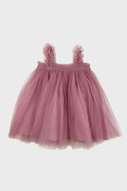 A beautiful mauve tulle A-line dress featuring a cotton under layer and tulle top layer, perfect for little girls' parties.