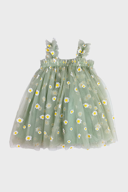 Mint tulle daisy dress featuring a cotton under layer and tulle top layer with daisy prints, designed for summer parties.