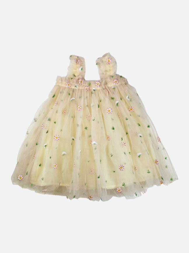 A beautiful yellow and pink tulle spring floral dress with embroidered flowers, perfect for summer parties.