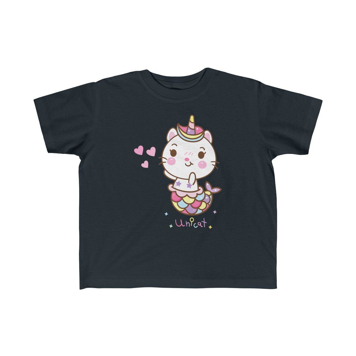 A colorful Unicat Mermaid Unicorn Tee for girls, featuring a whimsical unicorn and mermaid design, perfect for toddlers.