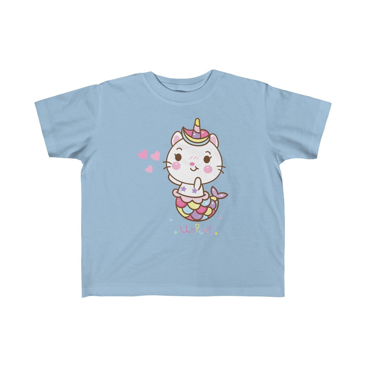 A colorful Unicat Mermaid Unicorn Tee for girls, featuring a whimsical unicorn and mermaid design, perfect for toddlers.