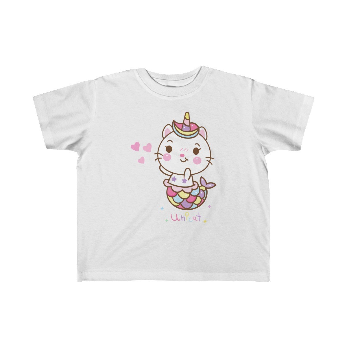 A colorful Unicat Mermaid Unicorn Tee for girls, featuring a whimsical unicorn and mermaid design, perfect for toddlers.