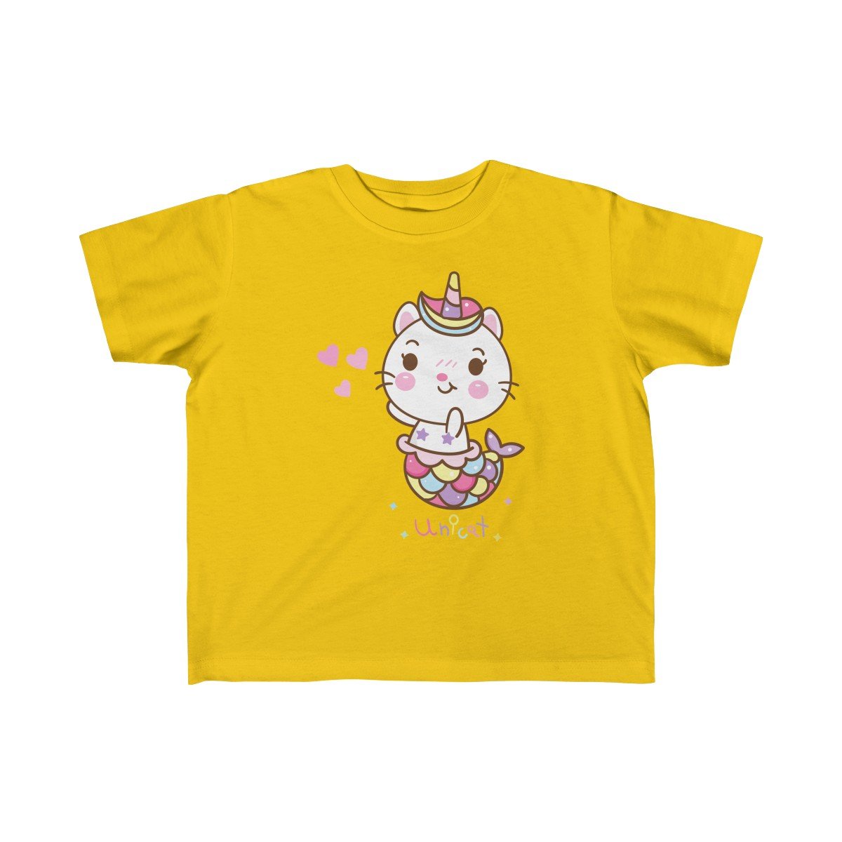 A colorful Unicat Mermaid Unicorn Tee for girls, featuring a whimsical unicorn and mermaid design, perfect for toddlers.