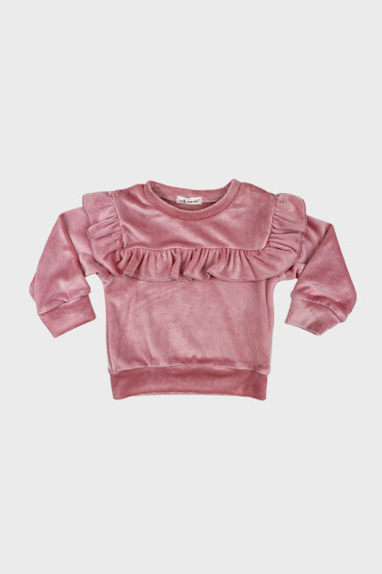 Cozy velour 2 pc set in rose color featuring ruffle details and matching pants with bow tie.