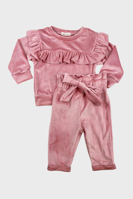 Cozy velour 2 pc set in rose color featuring ruffle details and matching pants with bow tie.