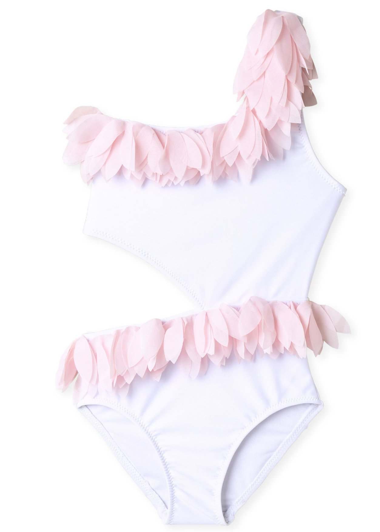 White side cut swimsuit for girls with pink chiffon petal trim and matching cover-up poncho, perfect for summer fun.