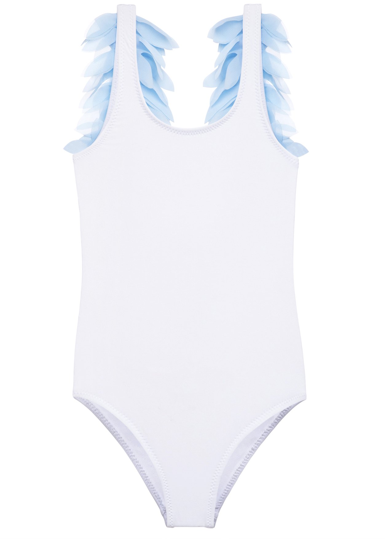 A stylish white tank swimsuit adorned with blue chiffon petals, perfect for girls' summer beach outings.