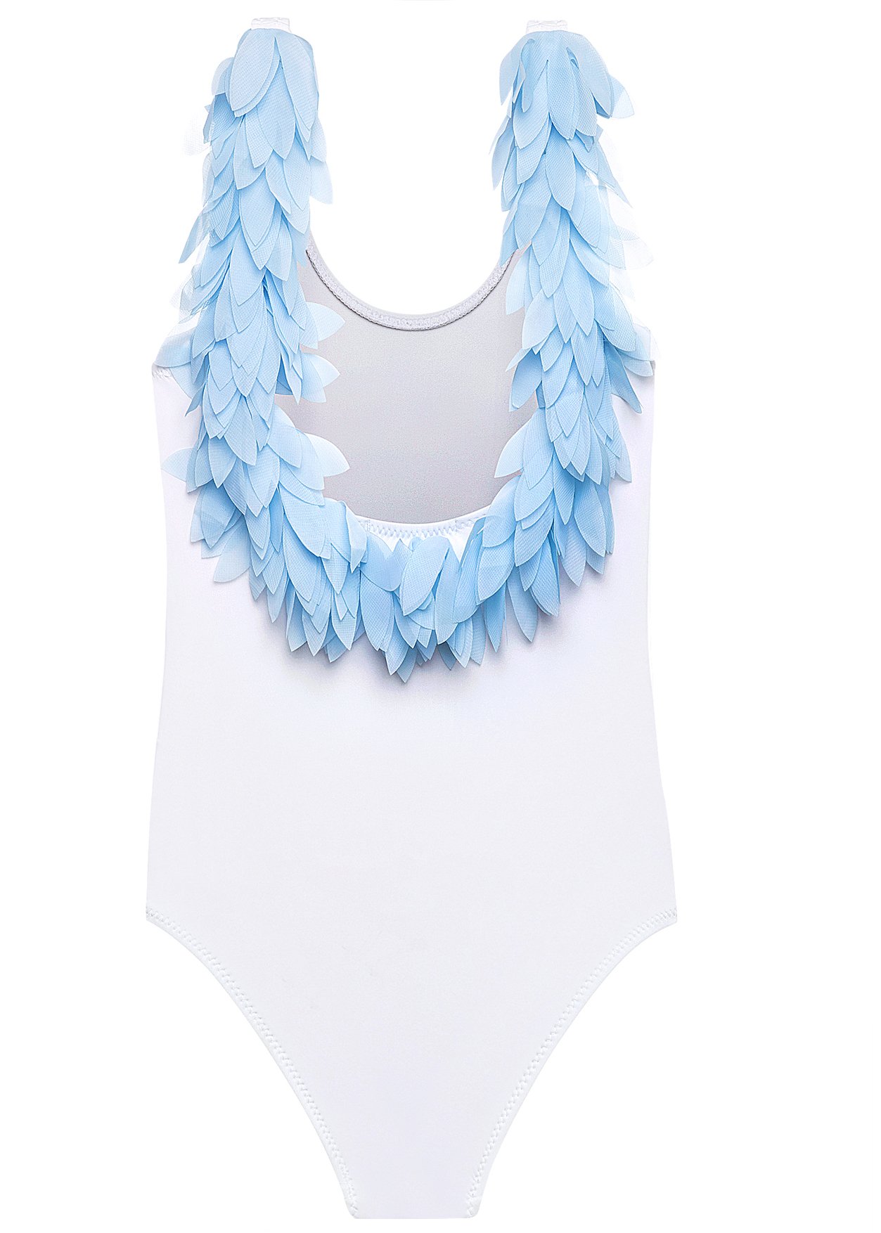 A stylish white tank swimsuit adorned with blue chiffon petals, perfect for girls' summer beach outings.