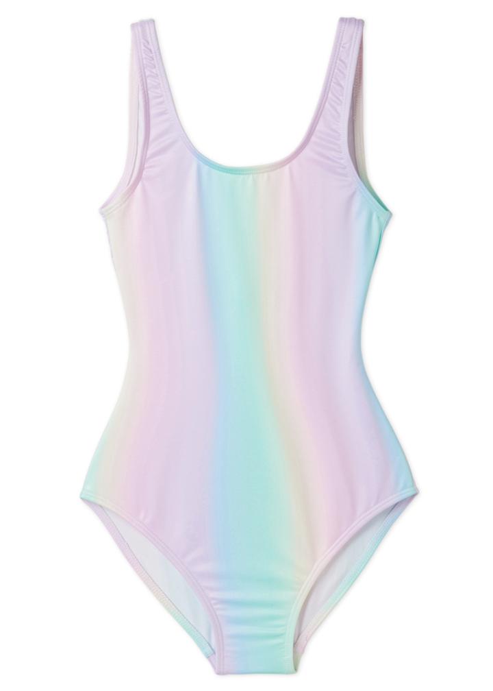 Women Rainbow Pastel Swimsuit featuring vibrant pastel colors, perfect for summer beach and pool activities.