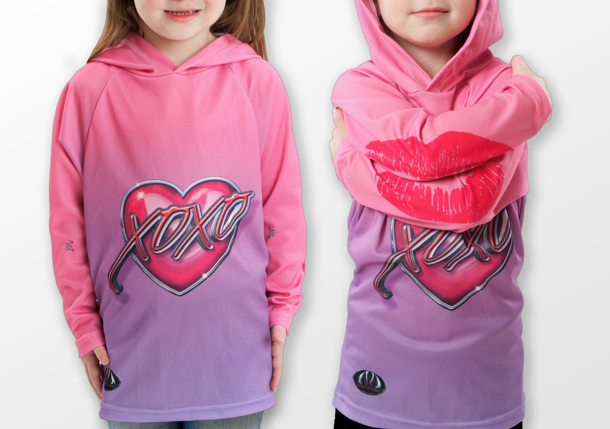 XOXO KISSY LIPS Hoodie Chomp Shirt featuring vibrant pink and lavender colors with a playful lipstick kiss design.