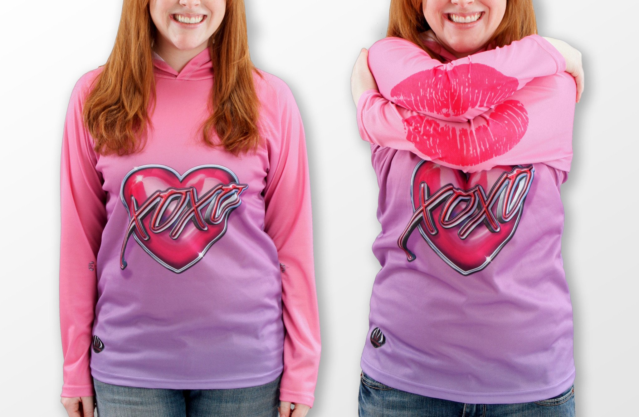 XOXO KISSY LIPS Hoodie Chomp Shirt featuring vibrant pink and lavender colors with a playful lipstick kiss design.