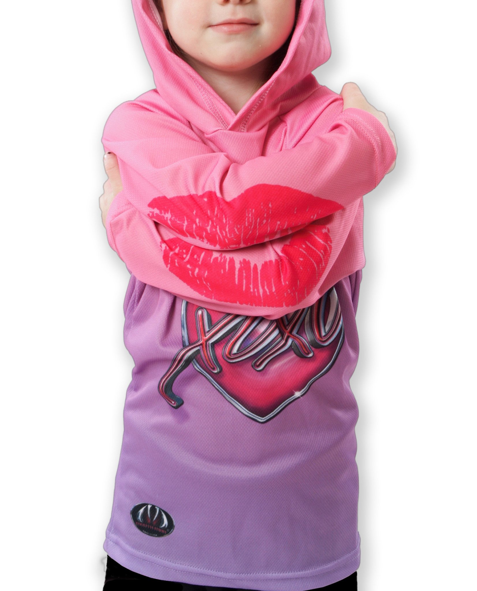 XOXO KISSY LIPS Hoodie Chomp Shirt featuring vibrant pink and lavender colors with a playful lipstick kiss design.