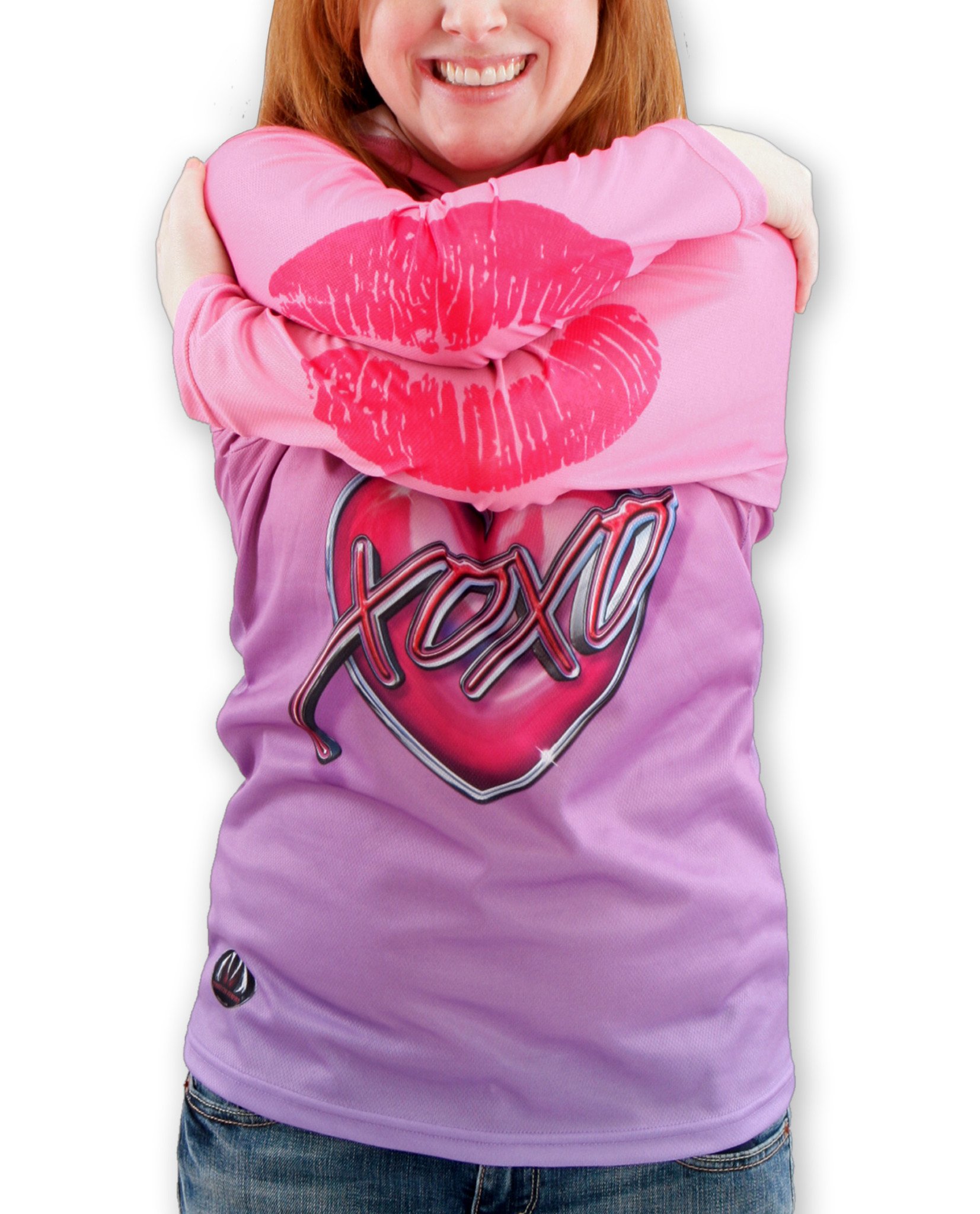 XOXO KISSY LIPS Hoodie Chomp Shirt featuring vibrant pink and lavender colors with a playful lipstick kiss design.