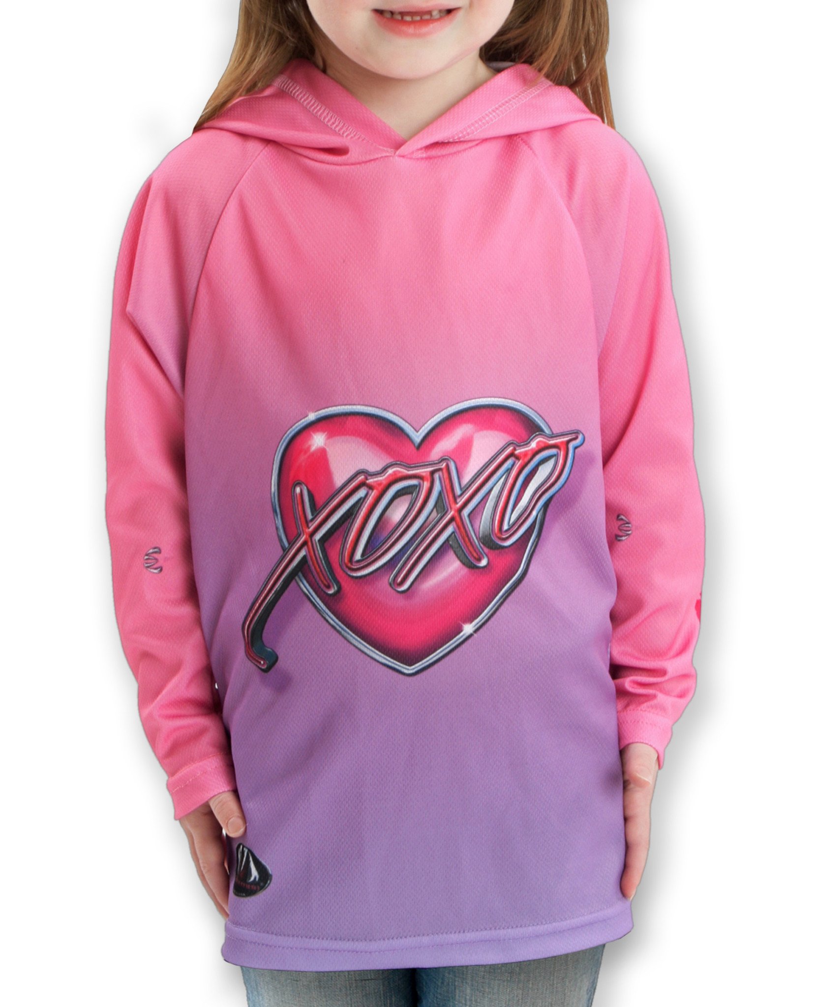 XOXO KISSY LIPS Hoodie Chomp Shirt featuring vibrant pink and lavender colors with a playful lipstick kiss design.