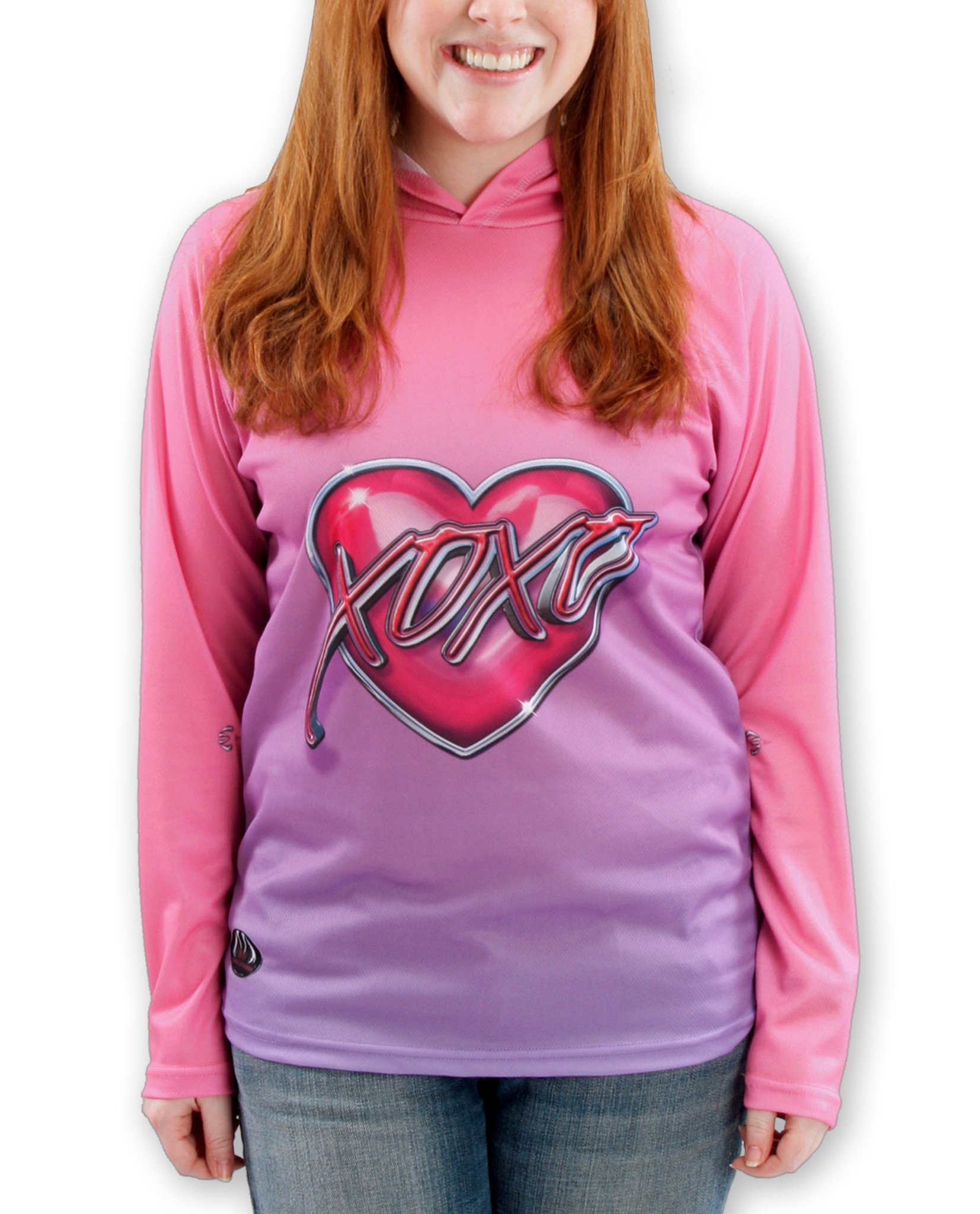 XOXO KISSY LIPS Hoodie Chomp Shirt featuring vibrant pink and lavender colors with a playful lipstick kiss design.