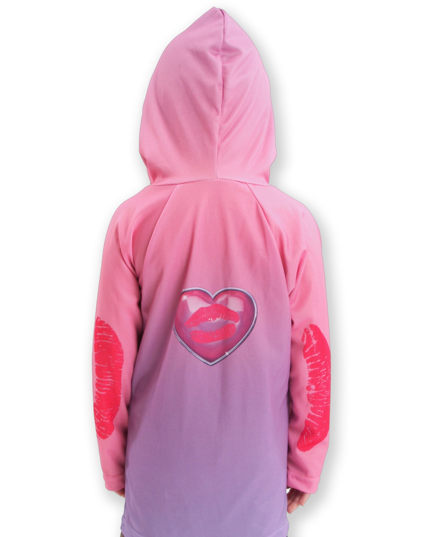 XOXO KISSY LIPS Hoodie Chomp Shirt featuring vibrant pink and lavender colors with a playful lipstick kiss design.