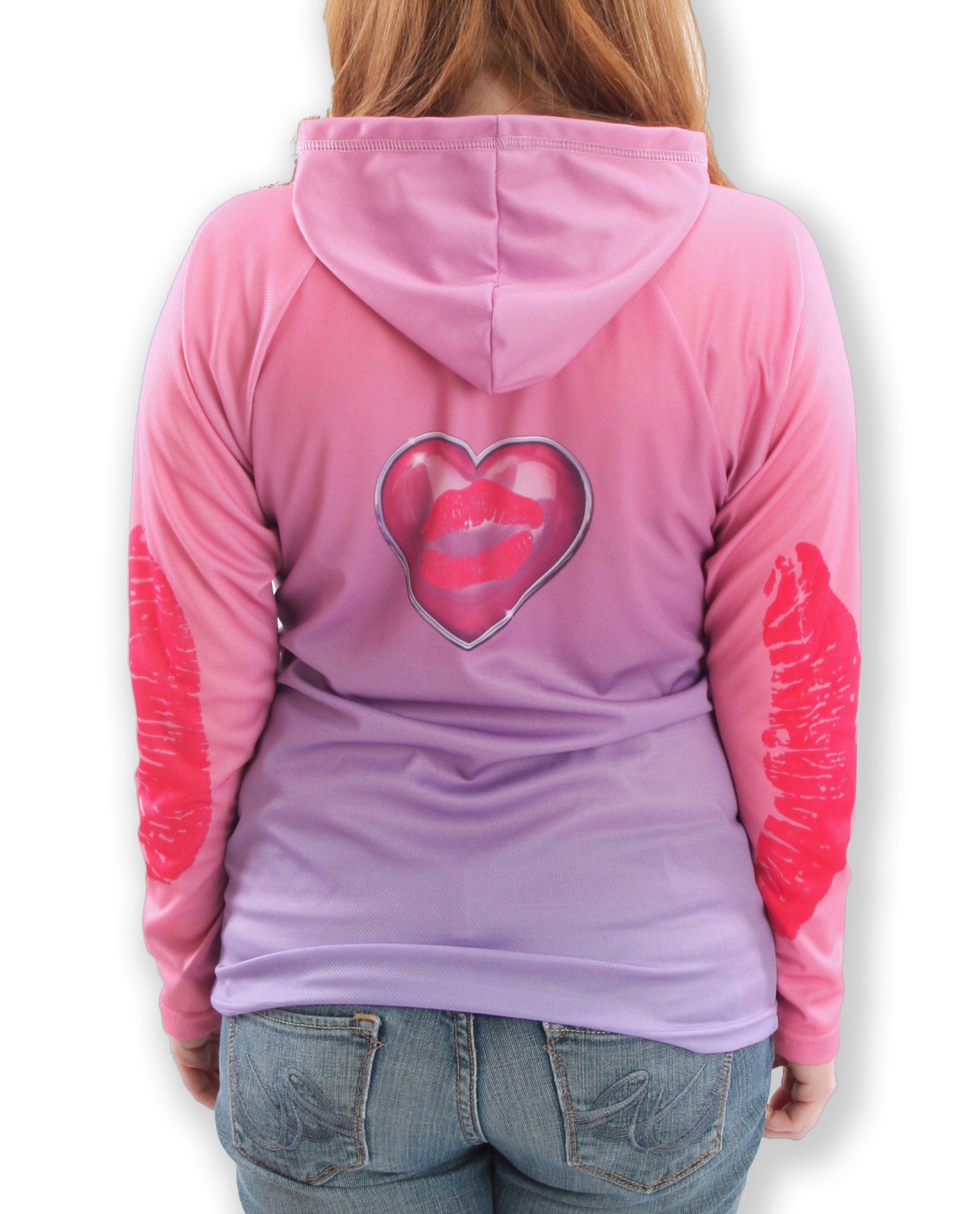 XOXO KISSY LIPS Hoodie Chomp Shirt featuring vibrant pink and lavender colors with a playful lipstick kiss design.