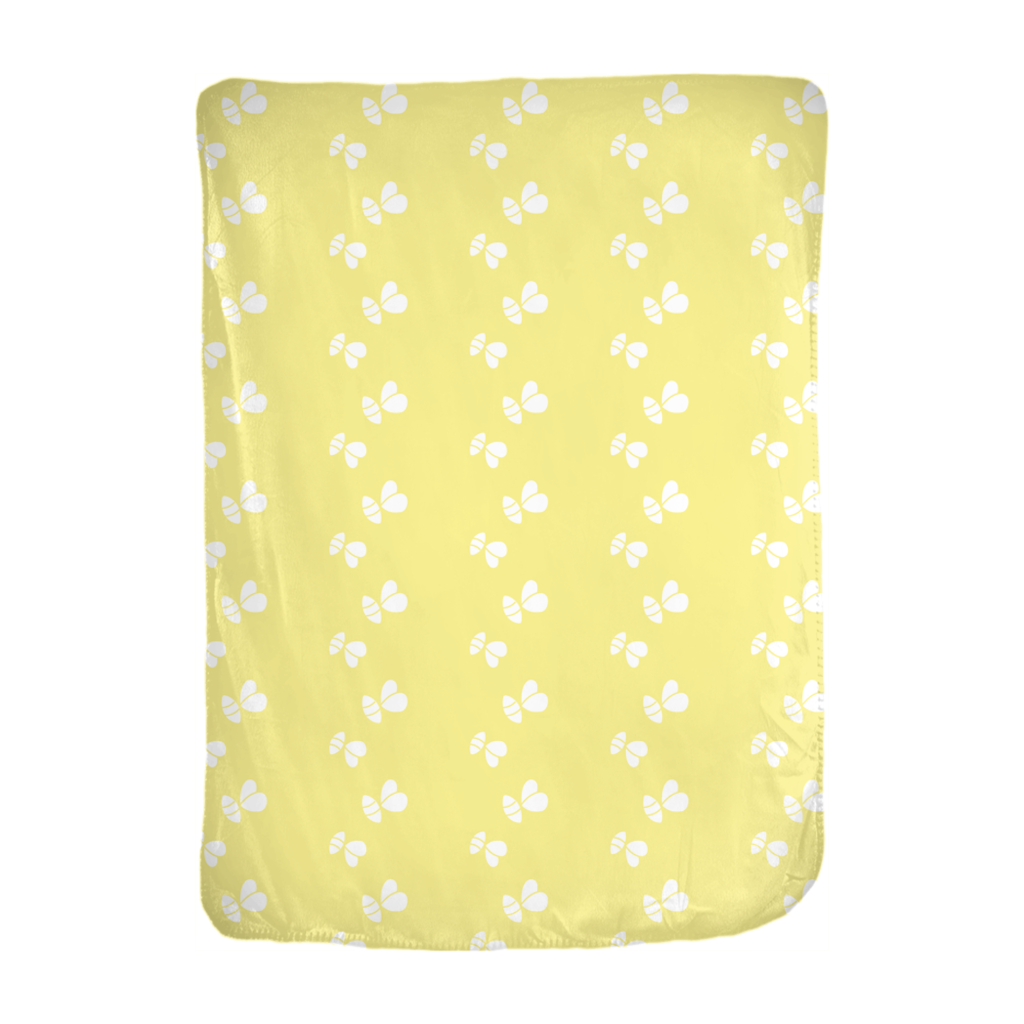 A cozy Yellow Bee Flight Minky Blanket featuring a playful bee design, made from soft velveteen and anti-pill fleece, perfect for all ages.