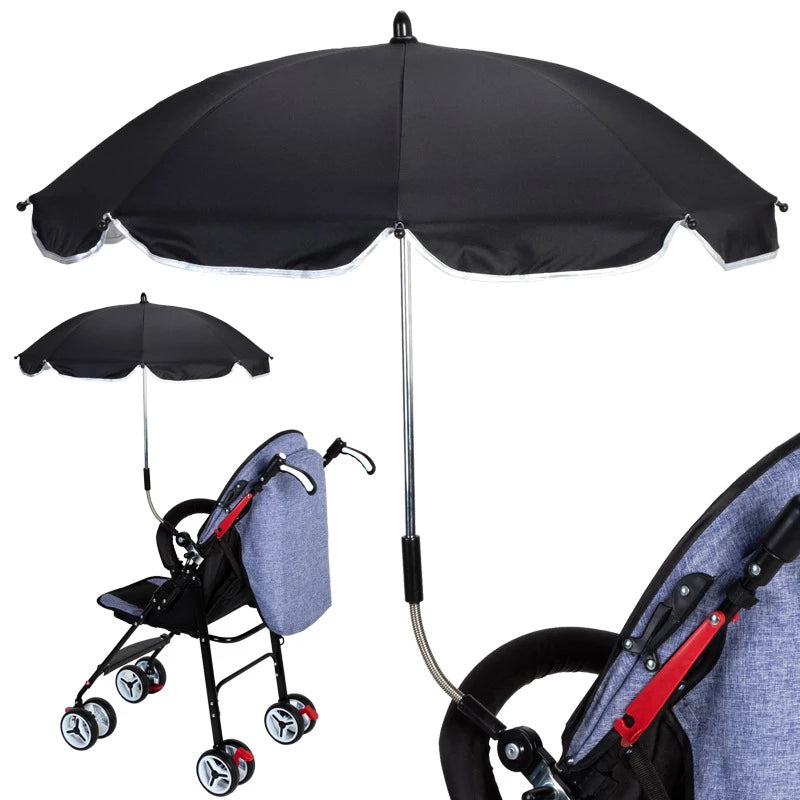 A 360 Degrees Pram Umbrella attached to a stroller, showcasing its adjustable clamp and UV protective fabric.