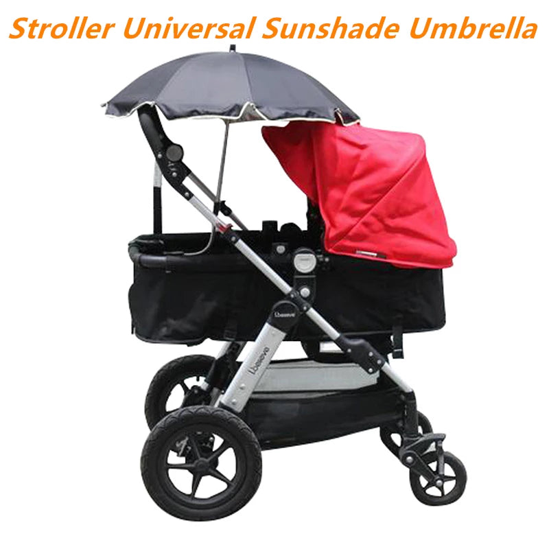 A 360 Degrees Pram Umbrella attached to a stroller, showcasing its adjustable clamp and UV protective fabric.