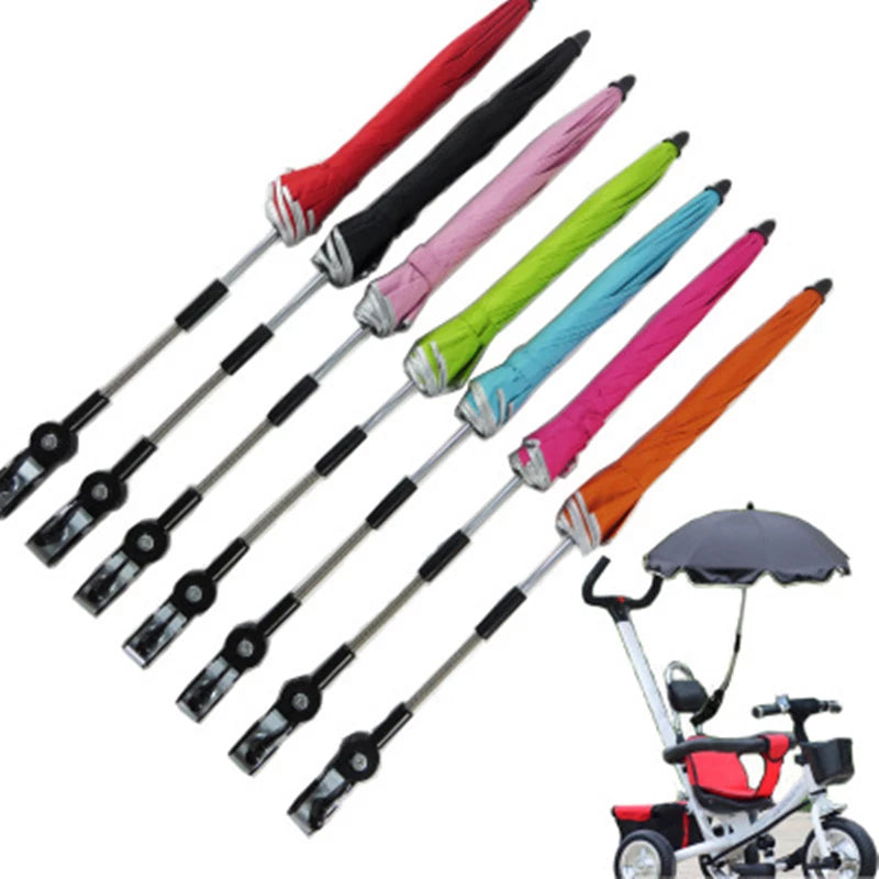 A 360 Degrees Pram Umbrella attached to a stroller, showcasing its adjustable clamp and UV protective fabric.