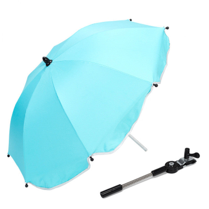 A 360 Degrees Pram Umbrella attached to a stroller, showcasing its adjustable clamp and UV protective fabric.