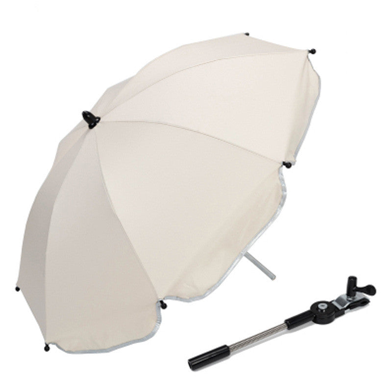 A 360 Degrees Pram Umbrella attached to a stroller, showcasing its adjustable clamp and UV protective fabric.