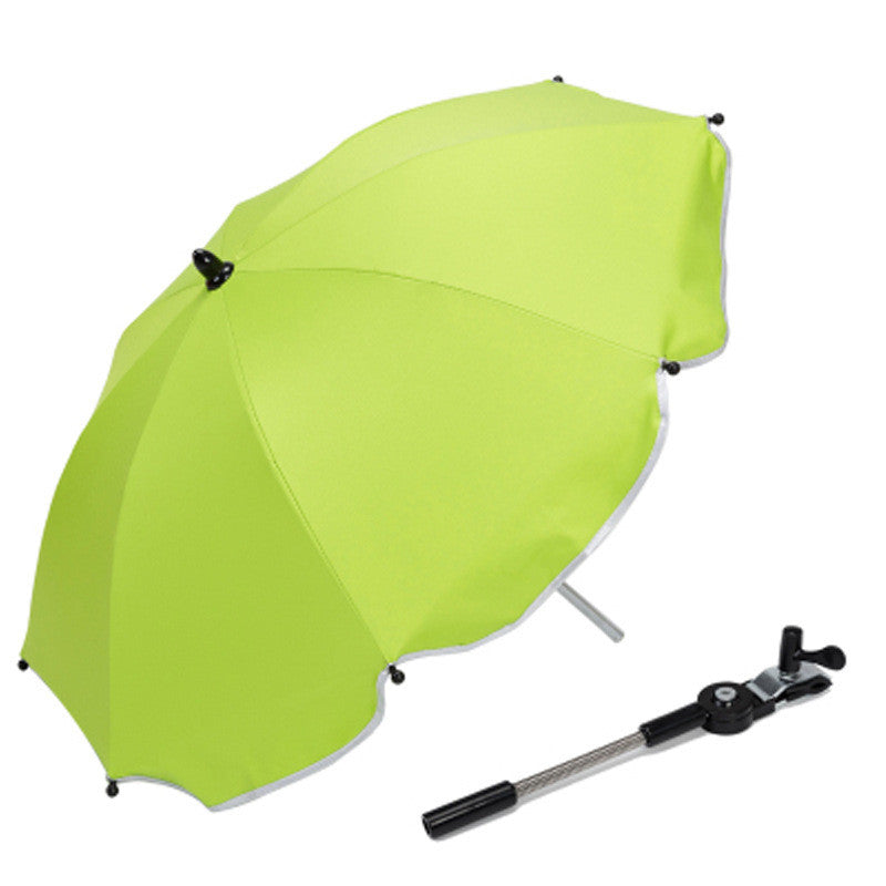 A 360 Degrees Pram Umbrella attached to a stroller, showcasing its adjustable clamp and UV protective fabric.