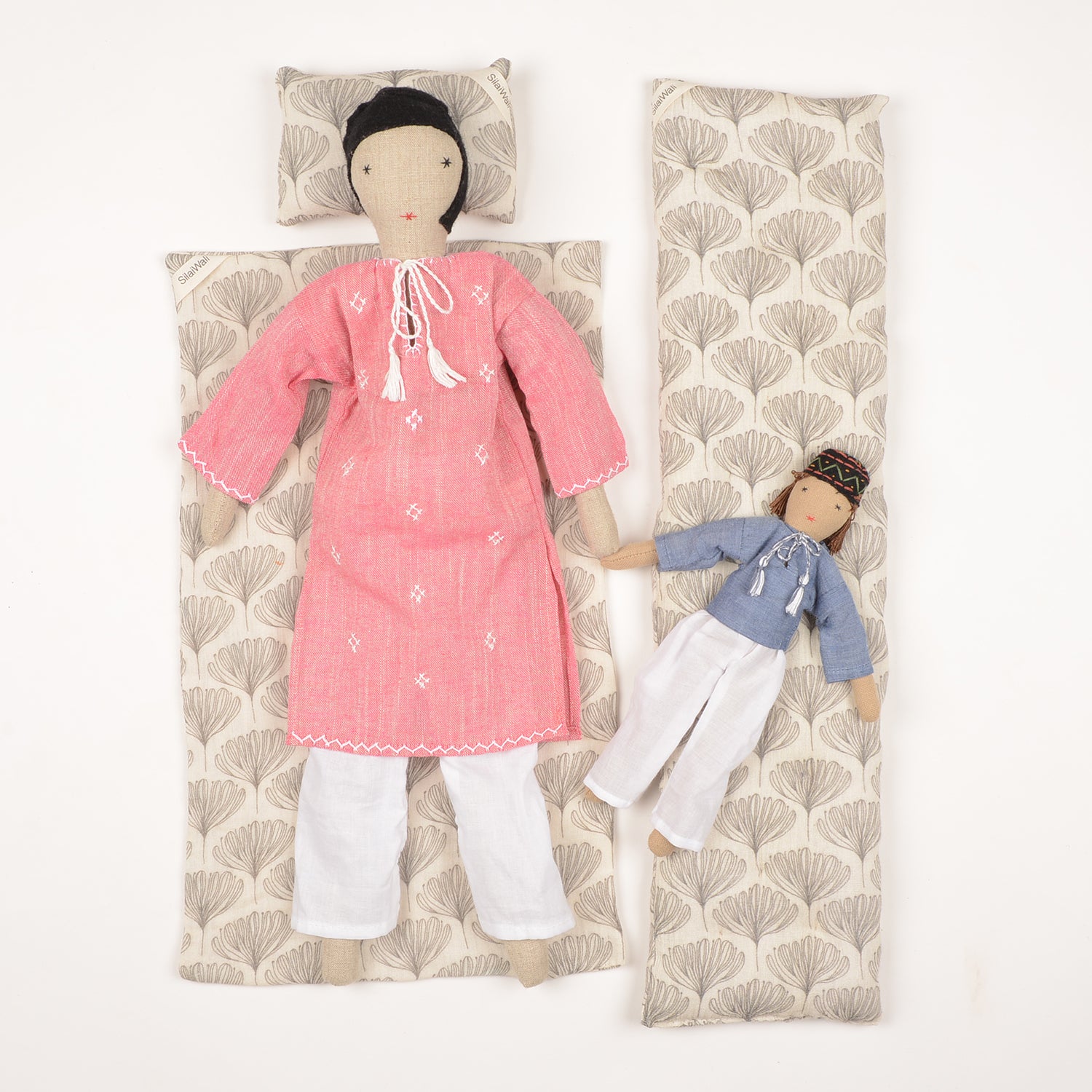 Ayu Mom&Mini doll set featuring an elegant Indian baby doll in traditional attire and a smaller version made from discarded fabric, showcasing cultural craftsmanship.