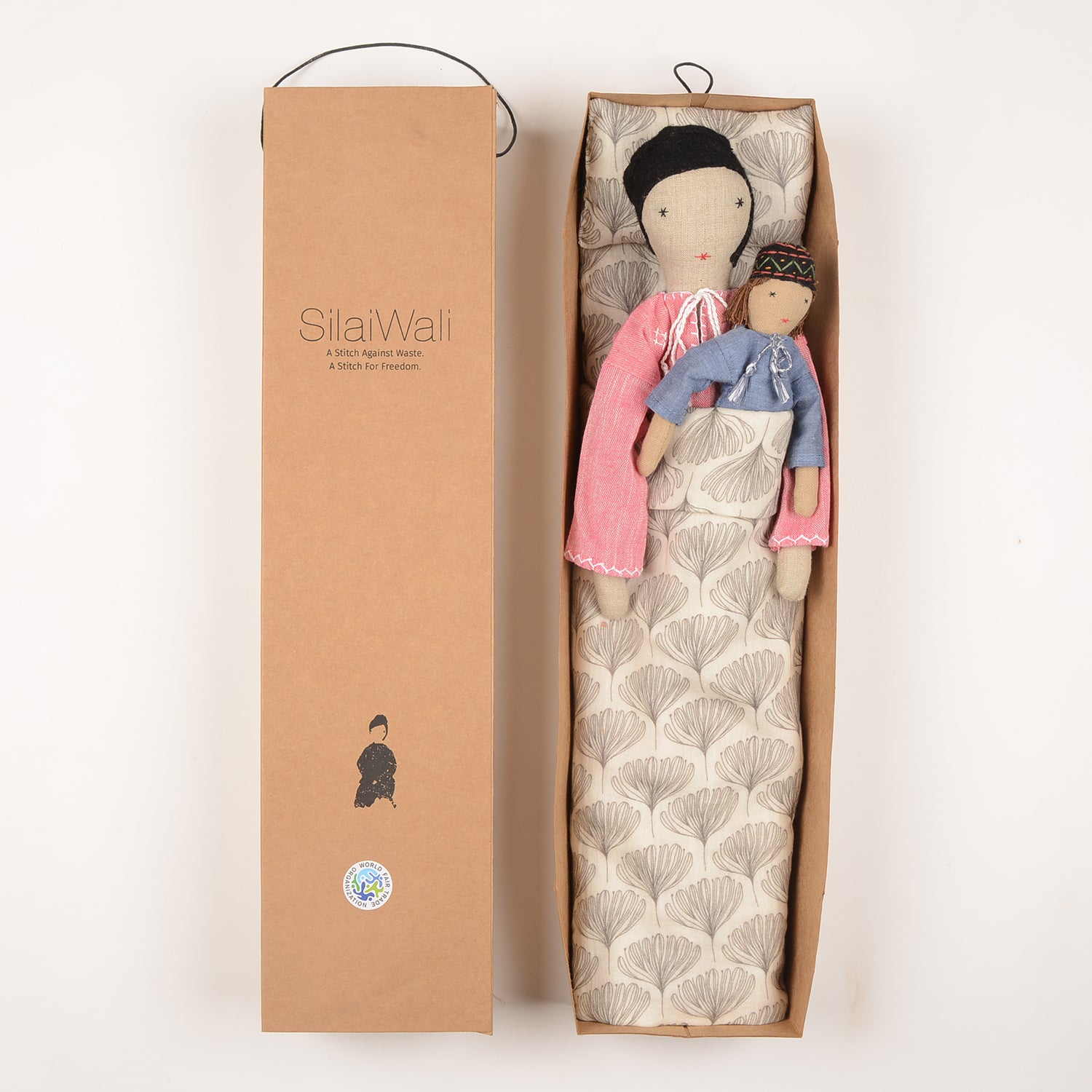 Ayu Mom&Mini doll set featuring an elegant Indian baby doll in traditional attire and a smaller version made from discarded fabric, showcasing cultural craftsmanship.