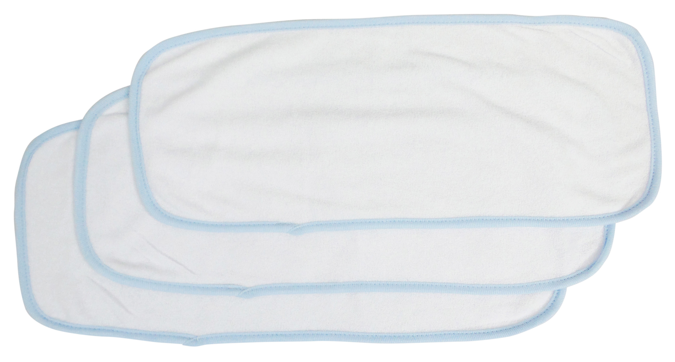 A pack of three baby burp cloths featuring a white design with blue trim, made from soft cotton and polyester, ideal for absorbing drool and spit-up.