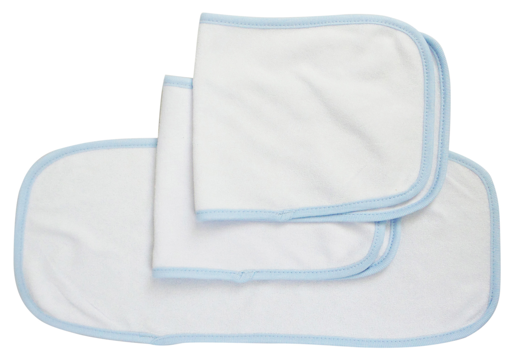 A pack of three baby burp cloths featuring a white design with blue trim, made from soft cotton and polyester, ideal for absorbing drool and spit-up.