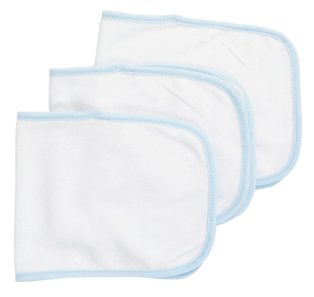 A pack of three baby burp cloths featuring a white design with blue trim, made from soft cotton and polyester, ideal for absorbing drool and spit-up.