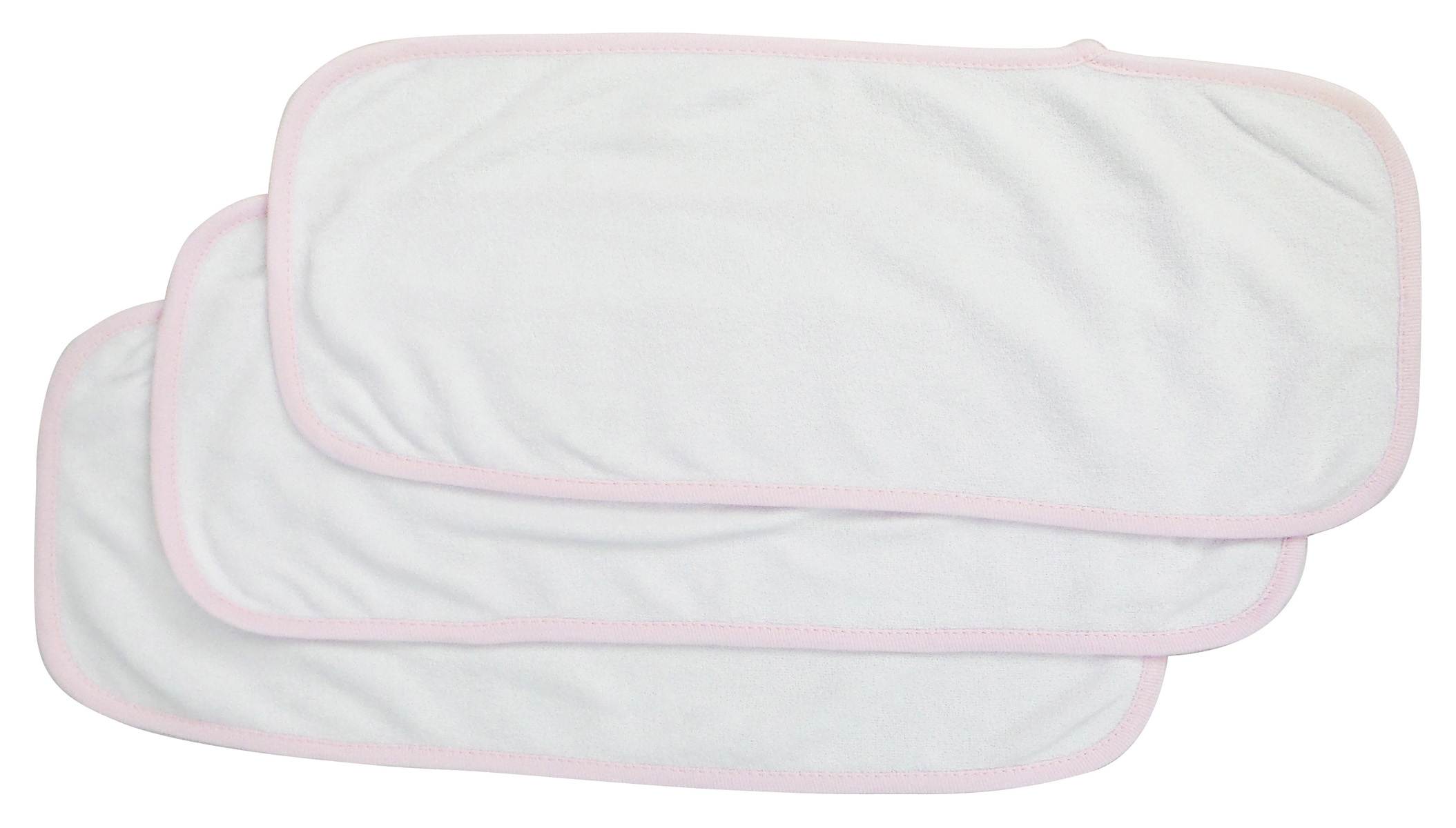 Three soft baby burp cloths in white with pink trim, featuring a Velcro closure, ideal for feeding and drooling.