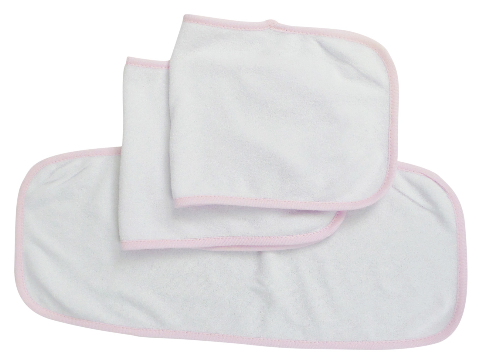 Three soft baby burp cloths in white with pink trim, featuring a Velcro closure, ideal for feeding and drooling.