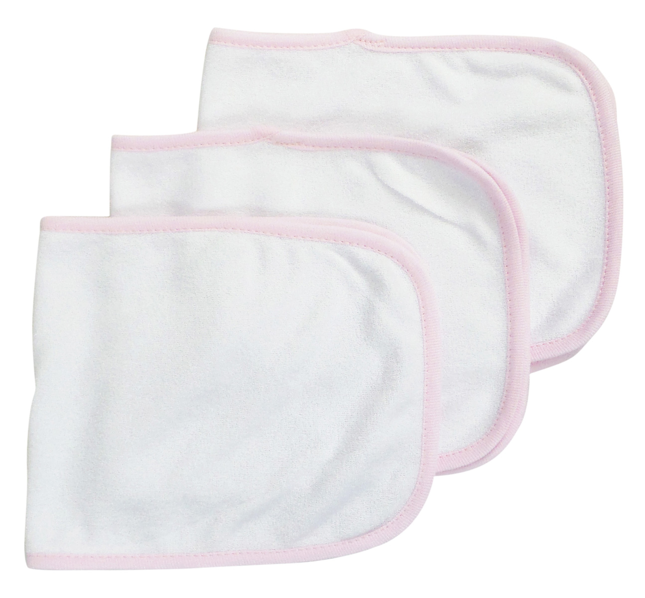 Three soft baby burp cloths in white with pink trim, featuring a Velcro closure, ideal for feeding and drooling.