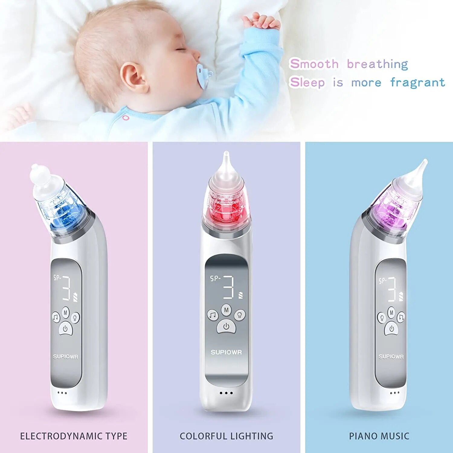 A Baby Electric Nasal Aspirator with food-grade silicone tips, designed for safe and effective nasal cleaning for infants.