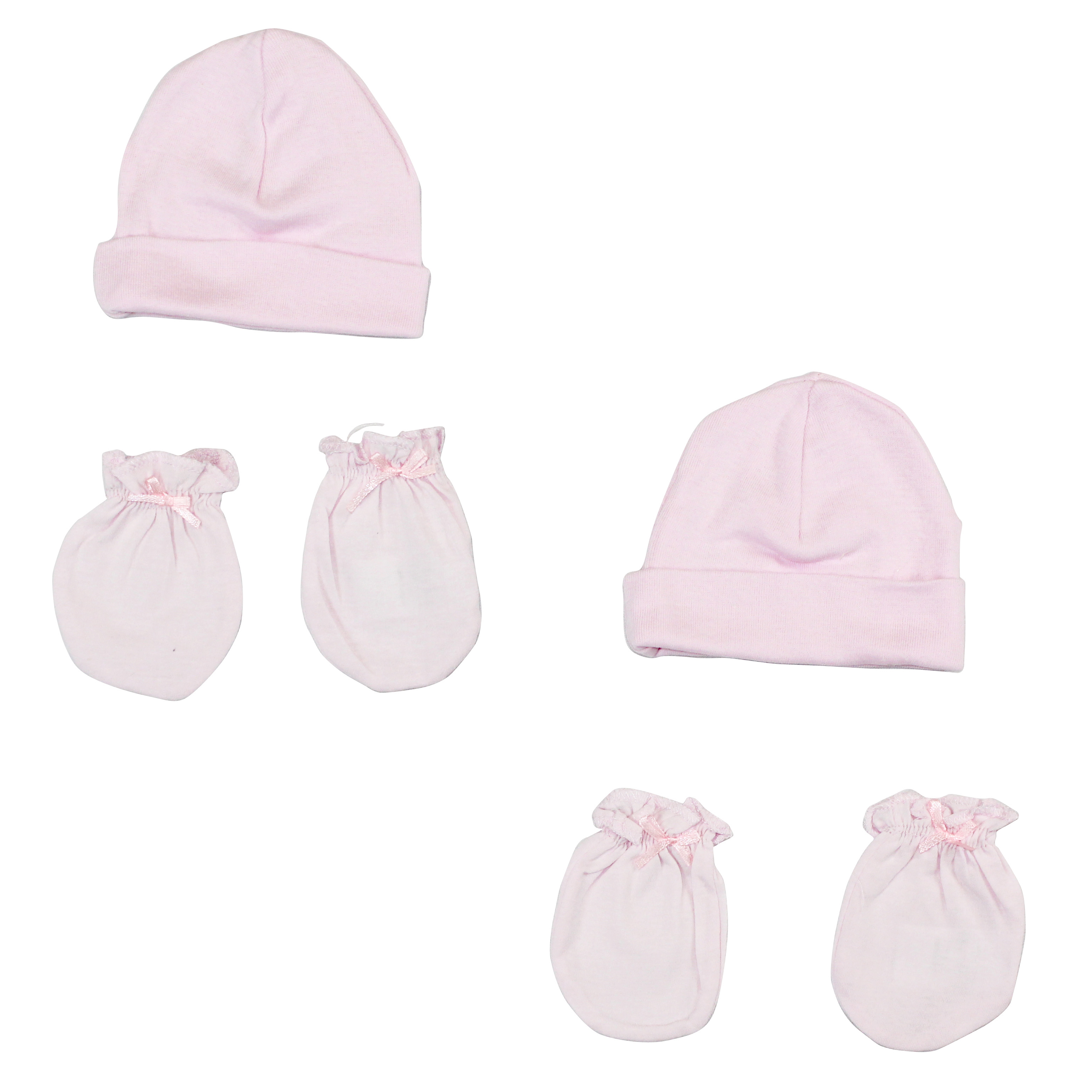 Girls' Cap and Mittens 4 Piece Layette Set featuring soft pink cotton cap and mittens, perfect for newborns, showcasing comfort and style.