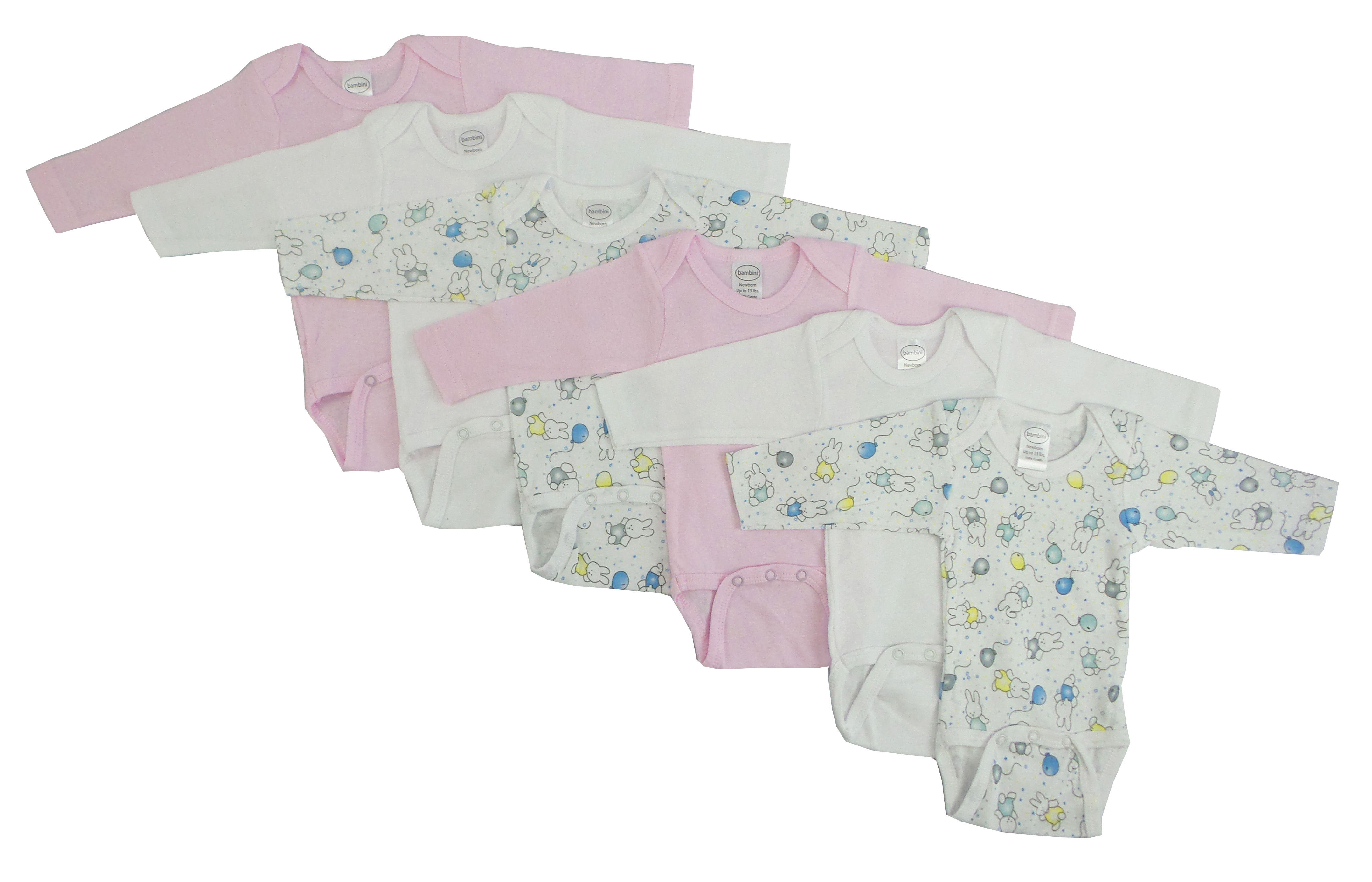 A colorful assortment of girls' long sleeve printed onesies in various fun patterns, showcasing their soft cotton fabric and expandable neckline.