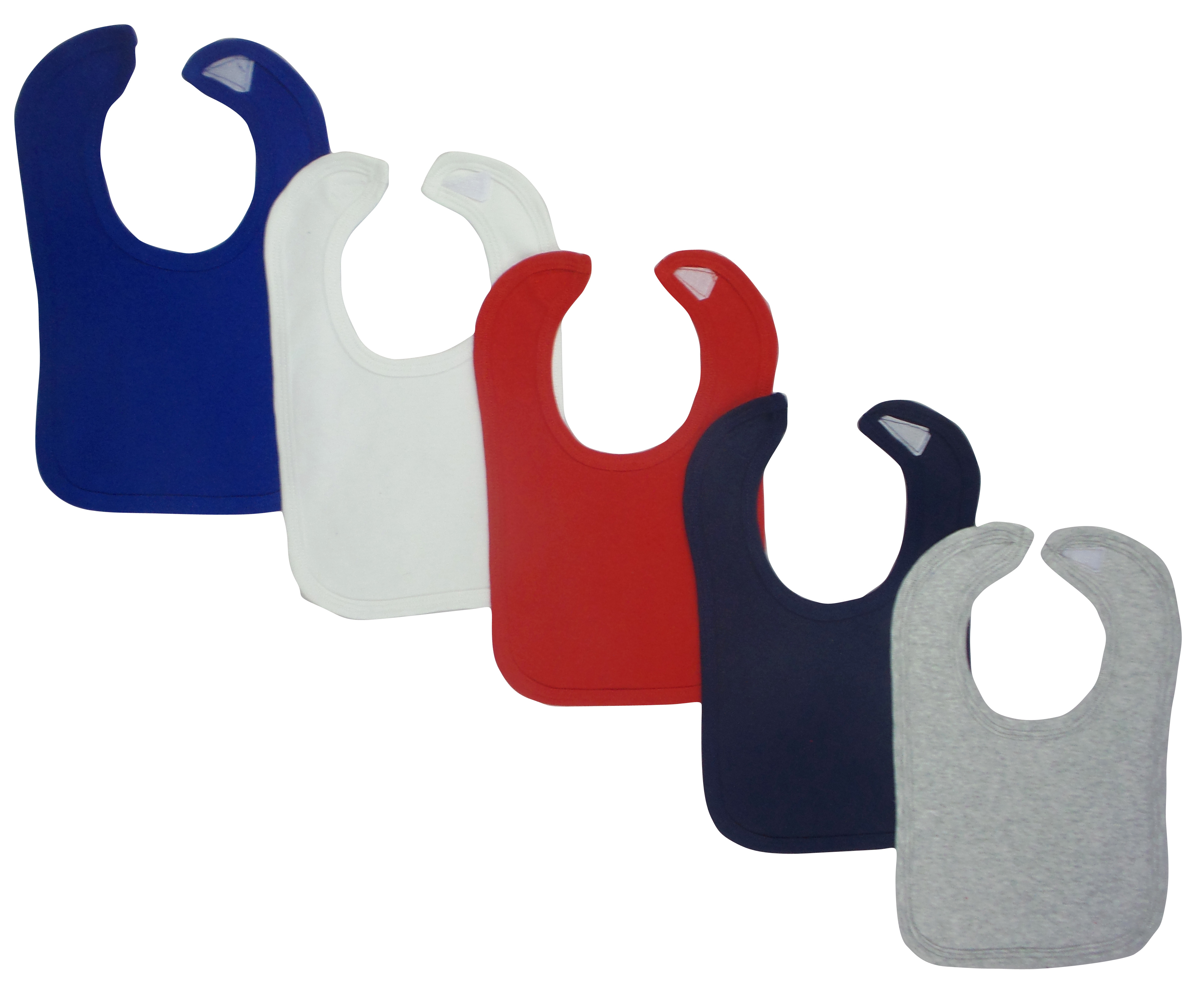 Pack of 5 grey baby bibs with Velcro closure, designed for drooling and spills, featuring soft absorbent fabric.