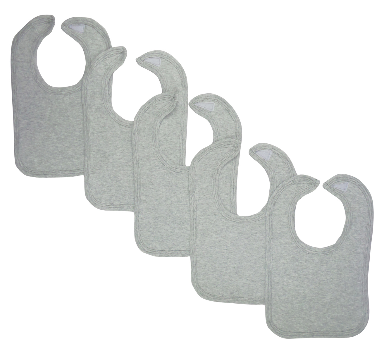 Pack of 5 grey baby bibs with Velcro closure, designed for drooling and spills, featuring soft fabric for comfort.