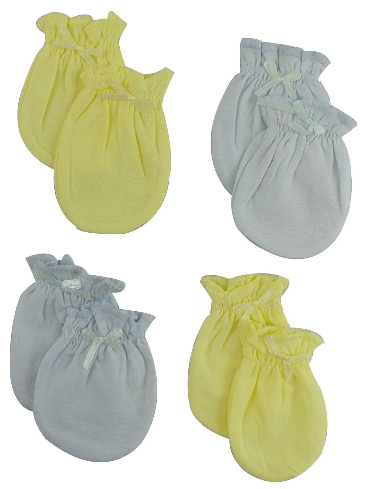 A pack of four infant mittens in blue and yellow colors, made from soft cotton jersey, designed to keep baby's hands warm during autumn and winter.