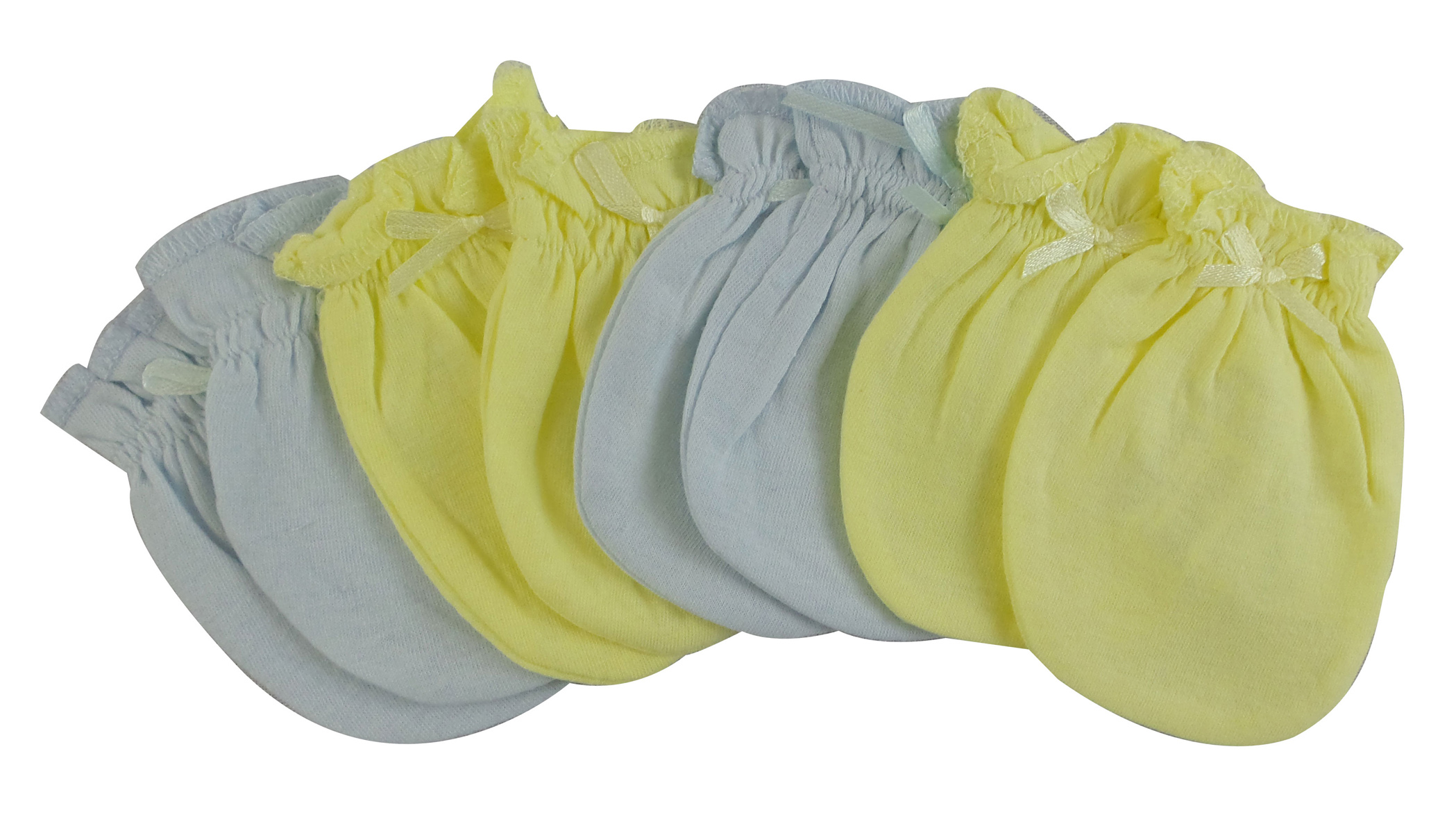 A pack of four infant mittens in blue and yellow colors, made from soft cotton jersey, designed to keep baby's hands warm during autumn and winter.