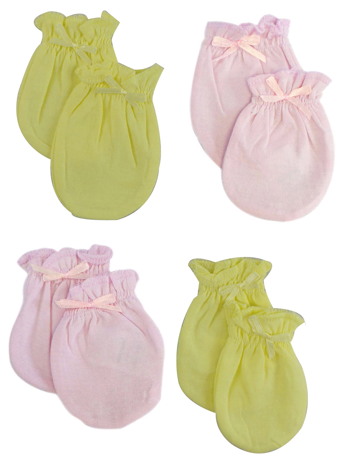 A pack of four infant mittens in pink and yellow colors, made from soft cotton jersey, designed to keep babies' hands warm during autumn and winter.