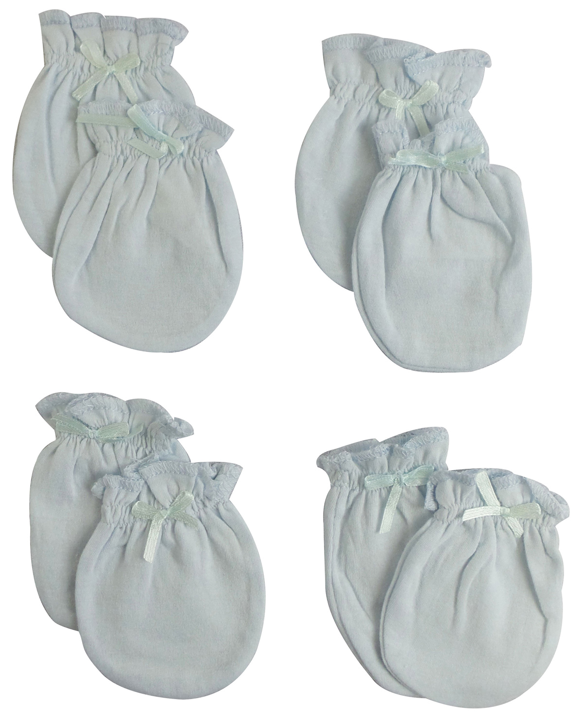 A pack of four blue infant mittens made from soft cotton jersey, designed to keep baby's hands warm during Autumn and Winter.