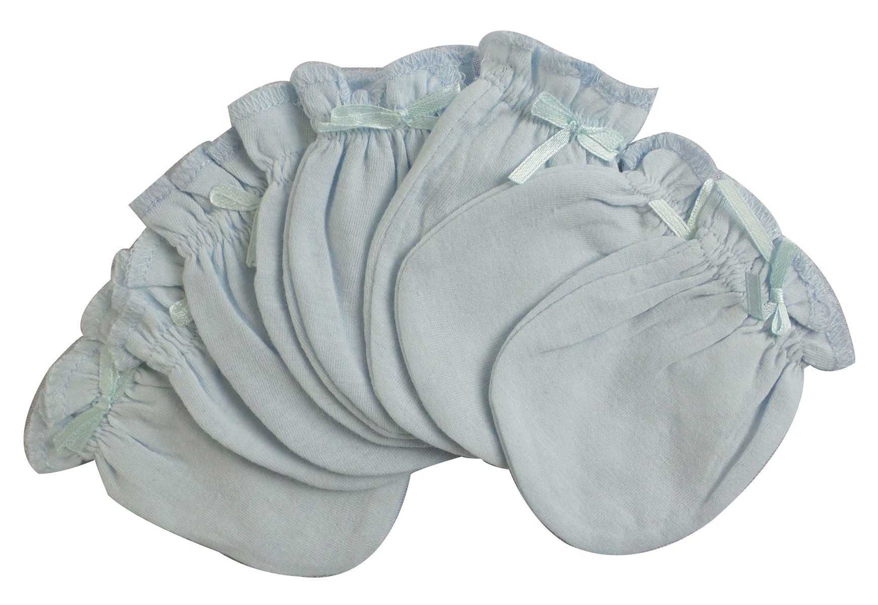 A pack of four blue infant mittens made from soft cotton jersey, designed to keep baby's hands warm during Autumn and Winter.