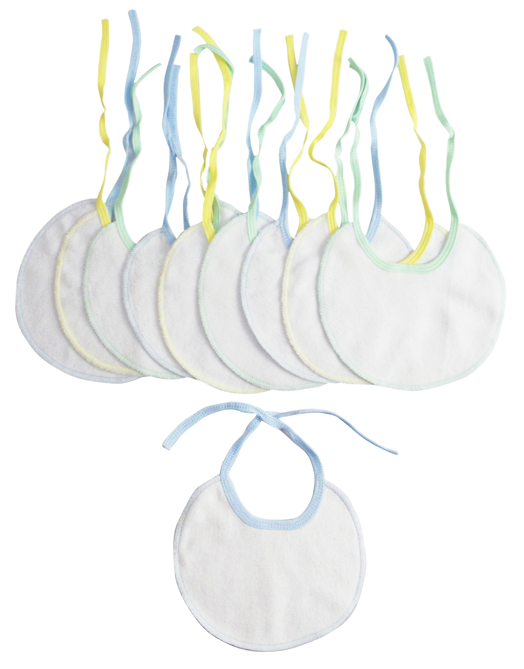 A colorful pack of 9 Bambini Infant Drool Bibs featuring soft 2-ply terry fabric with tied closures, in white with aqua, blue, and yellow trim.