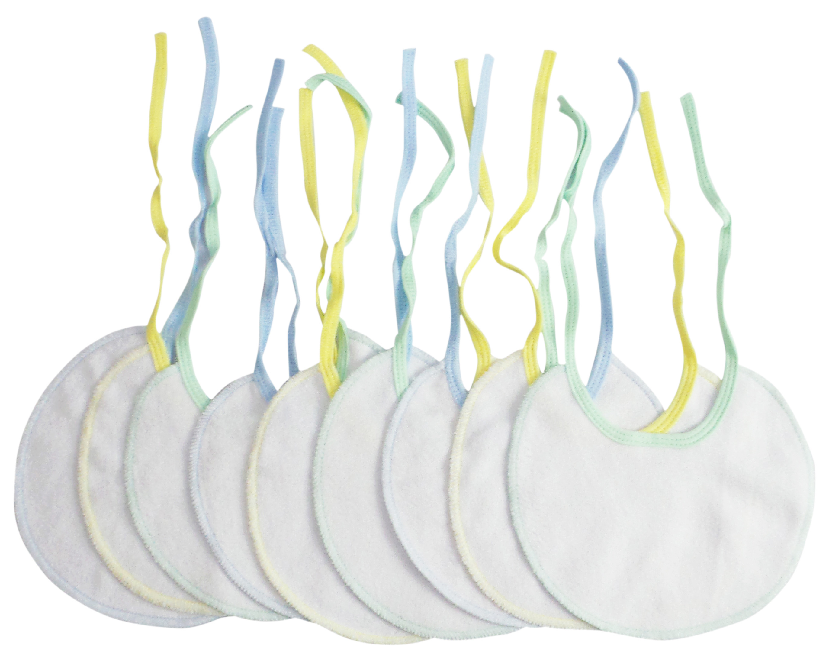 A colorful pack of 9 Bambini Infant Drool Bibs featuring soft 2-ply terry fabric with tied closures, in white with aqua, blue, and yellow trim.